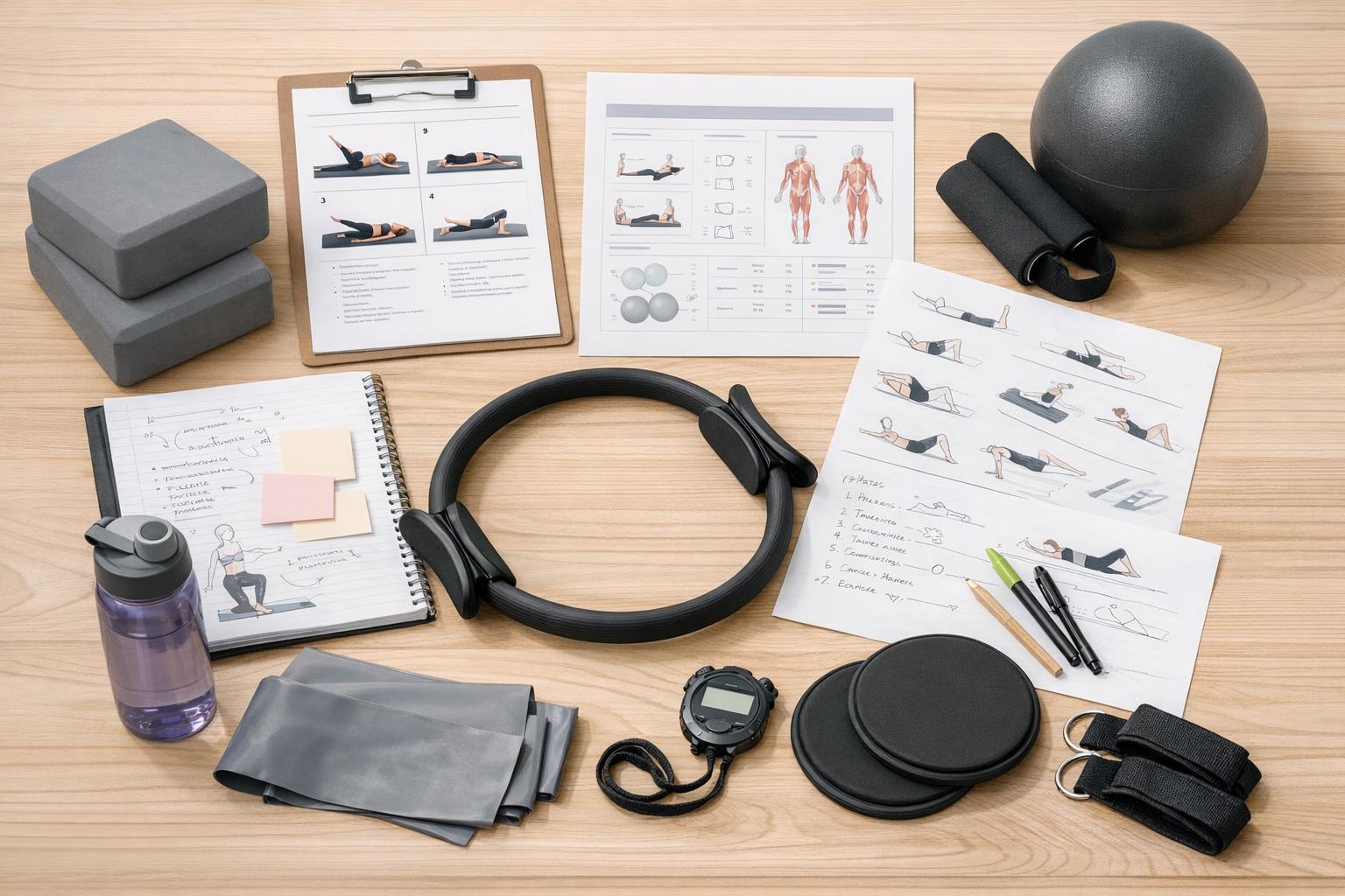 Zdjęcie materiałów szkoleniowych: notatki, instrukcje, przyrządy do pilates
